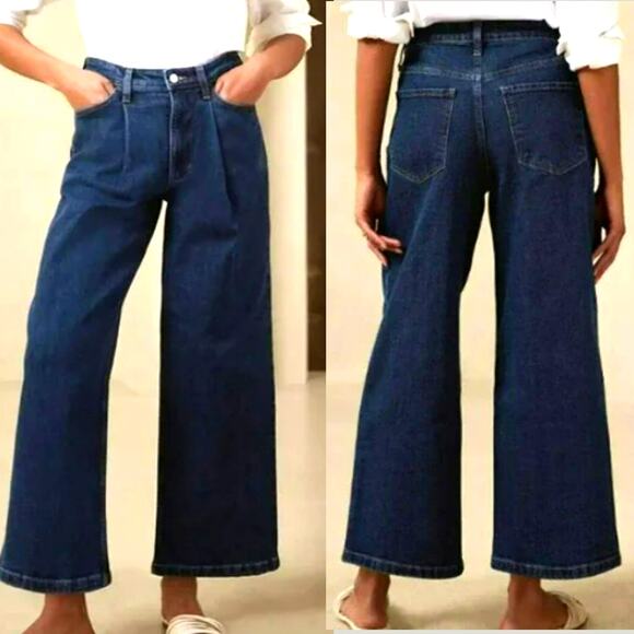 Banana Republic Wide Leg Crop High Rise Blue Jeans Pleated Women Size 33/16 Tall - Picture 2 of 12